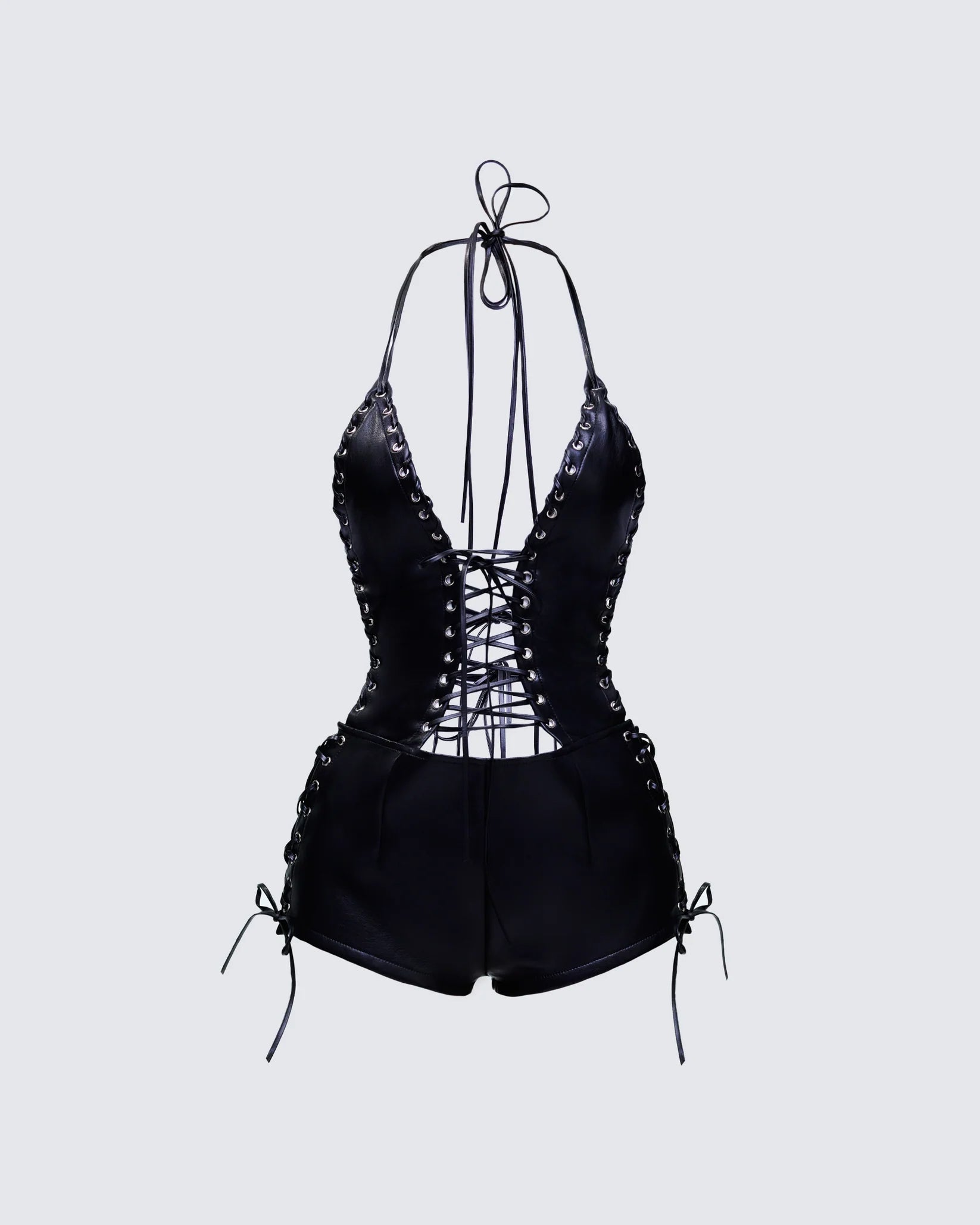 Black Vegan Leather Lace Up Playsuit