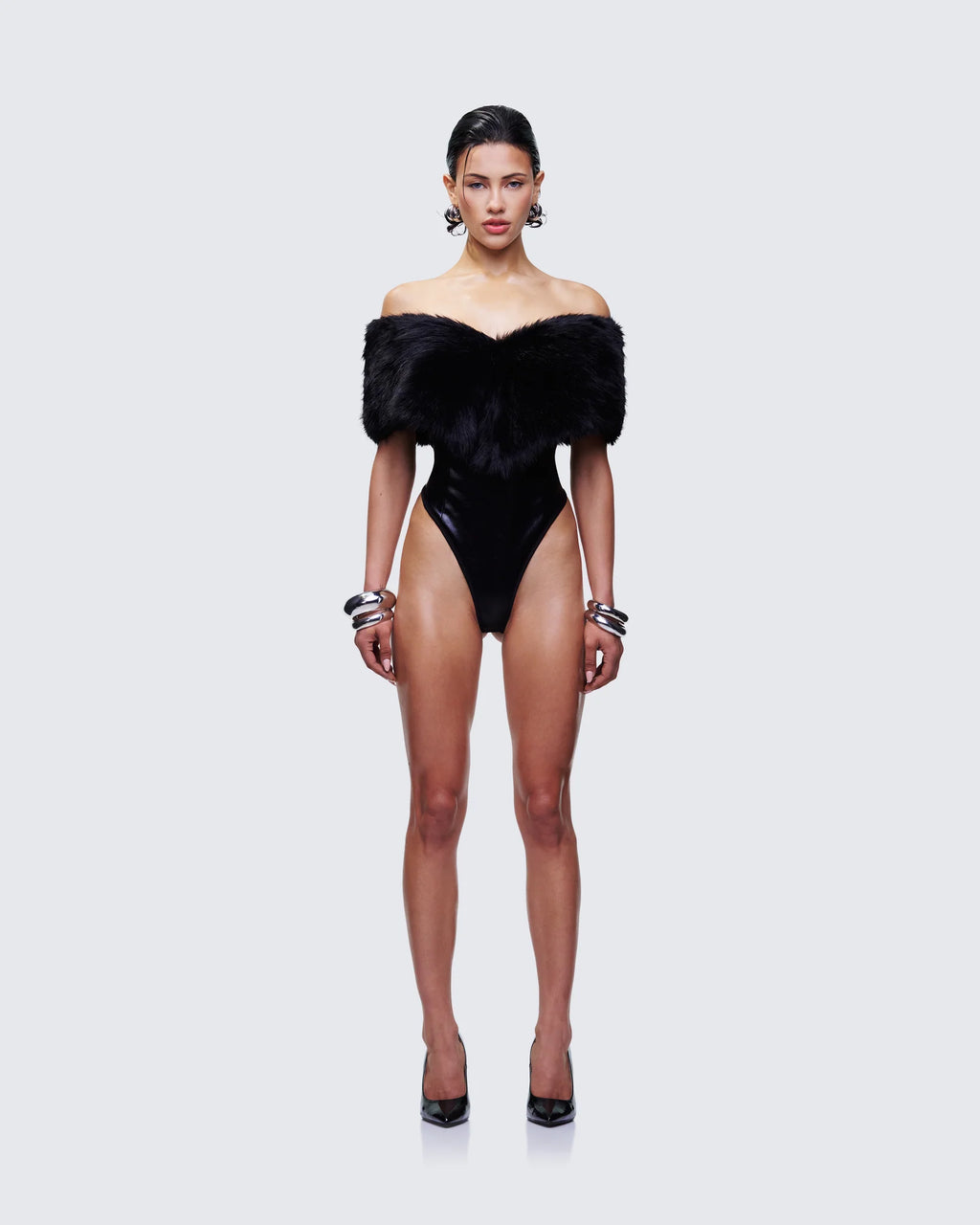 Black Fur Trim Bodysuit