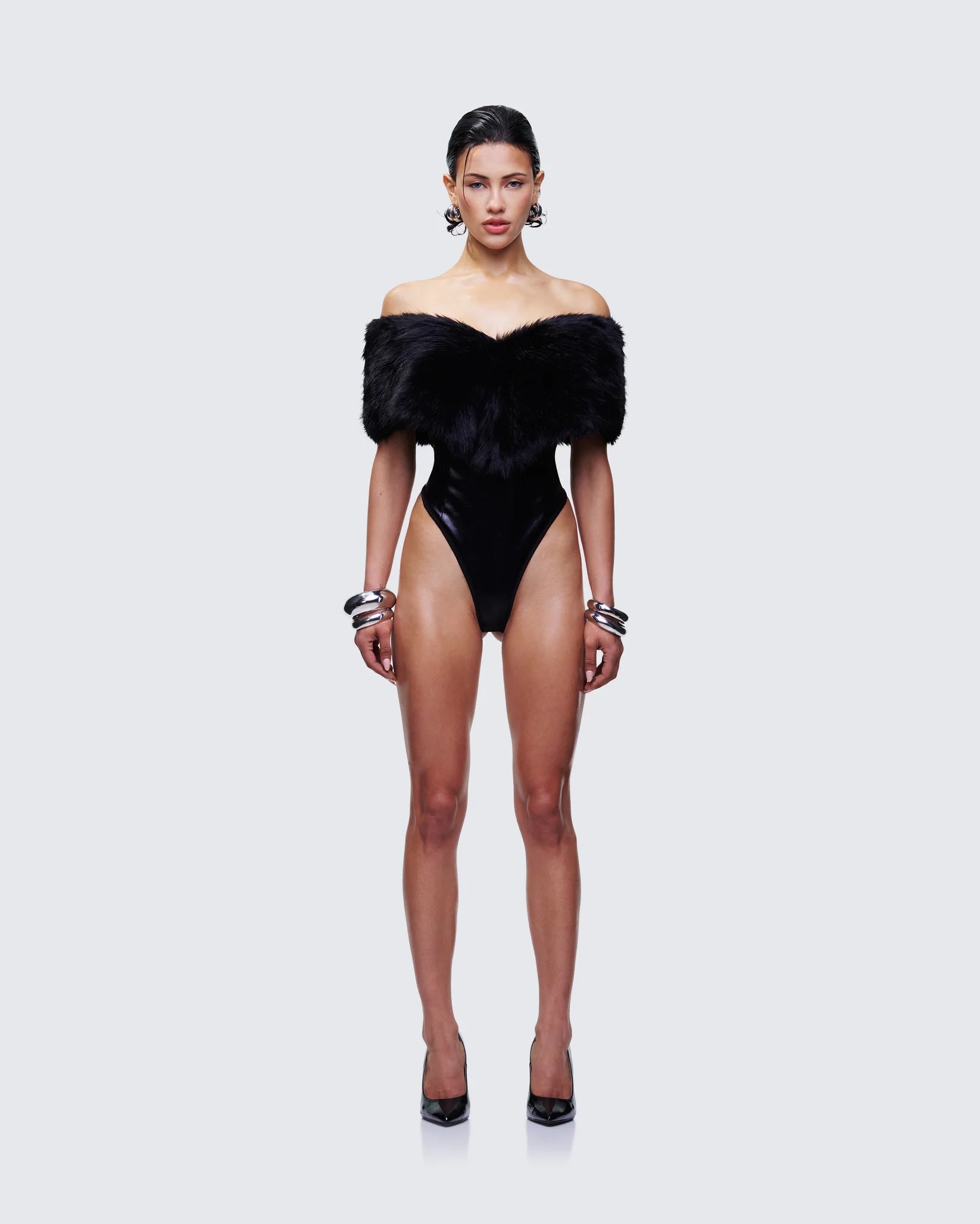 Black Fur Trim Bodysuit