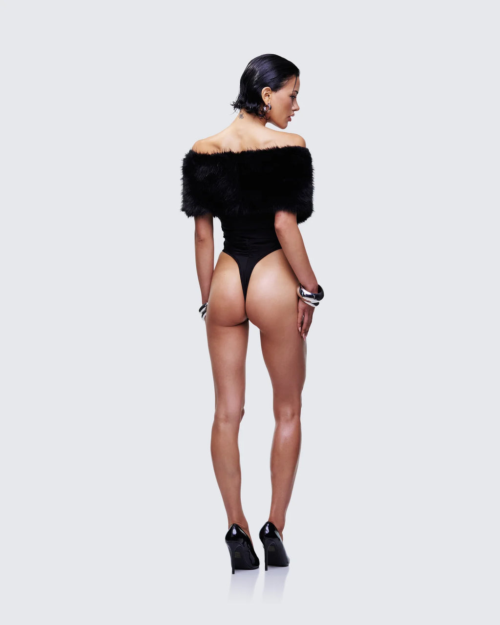 Black Fur Trim Bodysuit