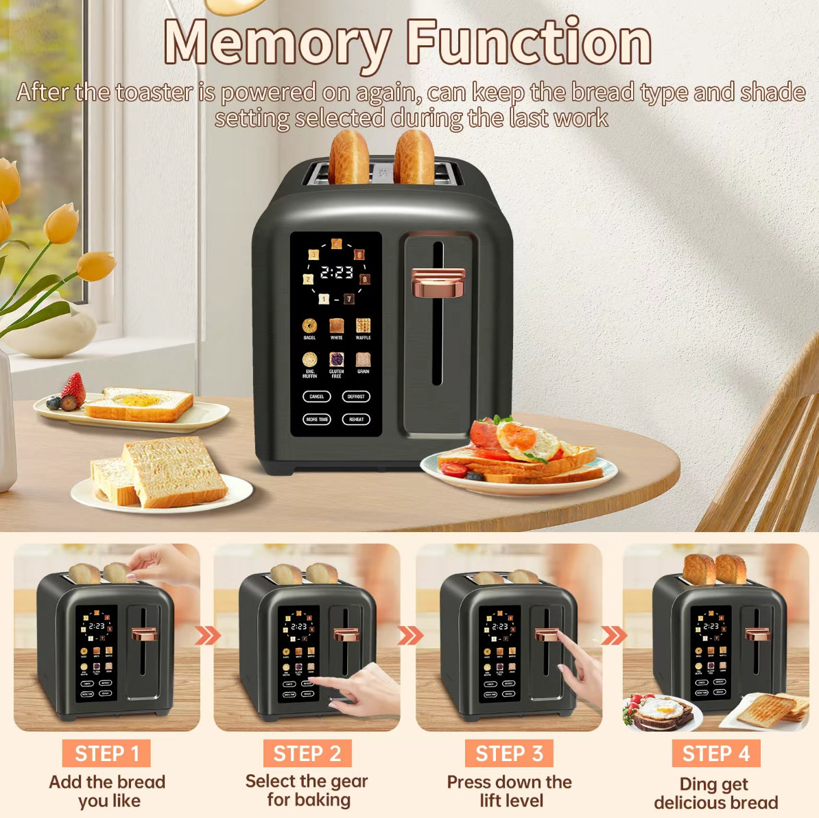Touchscreen Smart Toaster – 2-Slice, 50% Faster Heating, LCD Display