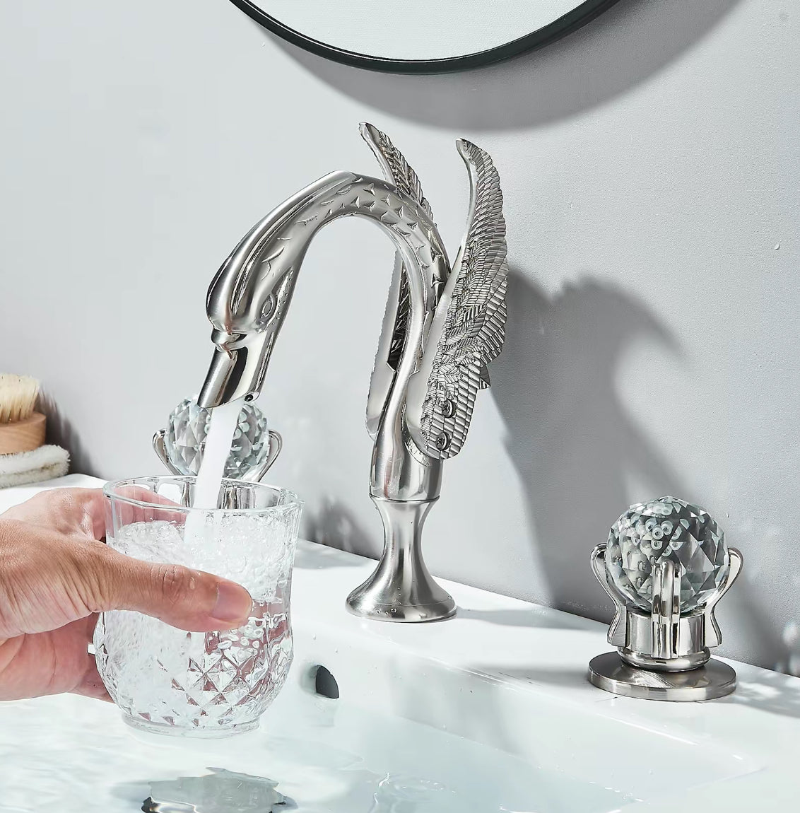 The Swan Signature Faucet Crystal-Handled Sculptural Sink Set