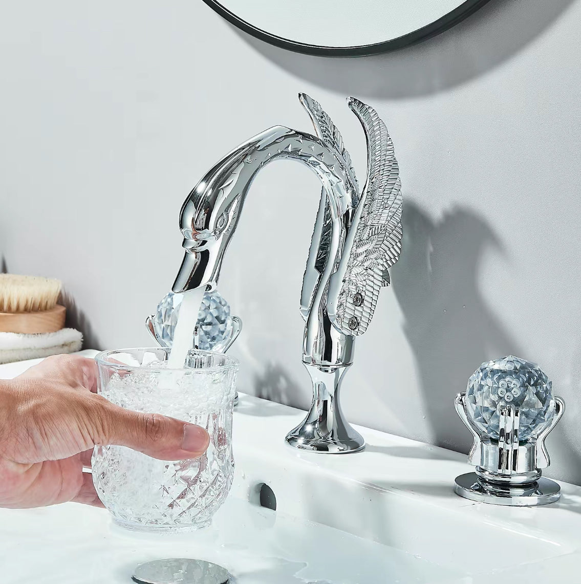 The Swan Signature Faucet Crystal-Handled Sculptural Sink Set