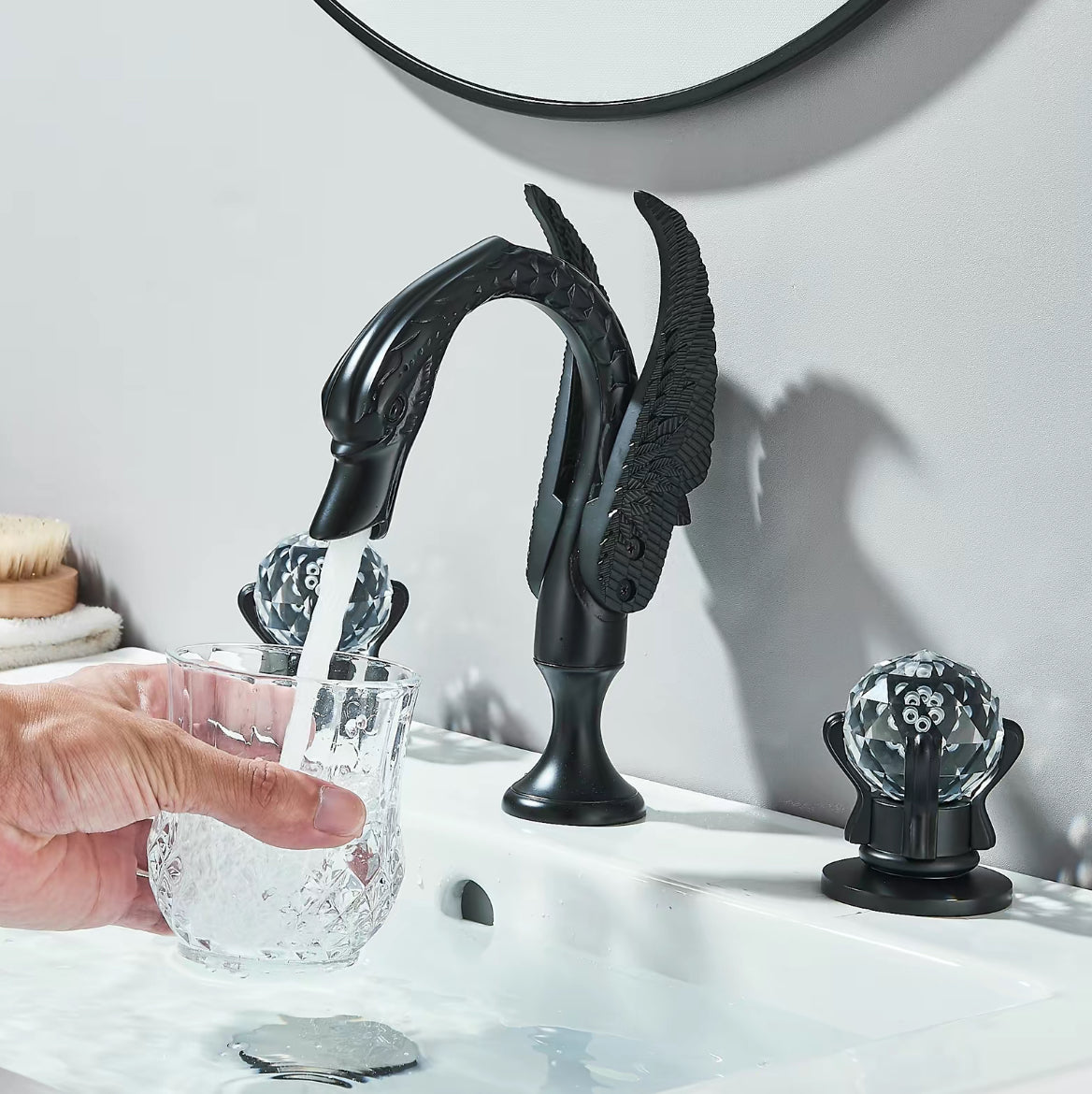The Swan Signature Faucet Crystal-Handled Sculptural Sink Set