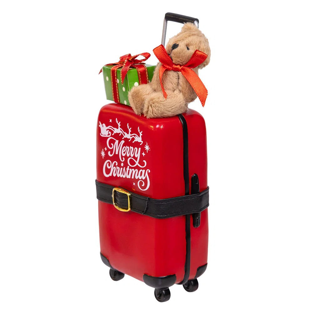 10.5”  2 pc Traveling Santa with Red Luggage Figurine