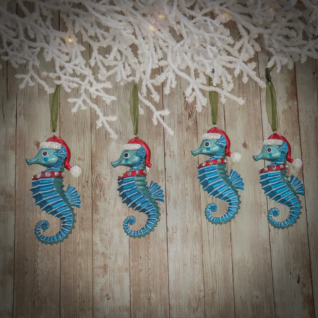 Set of 4 Teal Seahorse Hanging Figurine Ornament