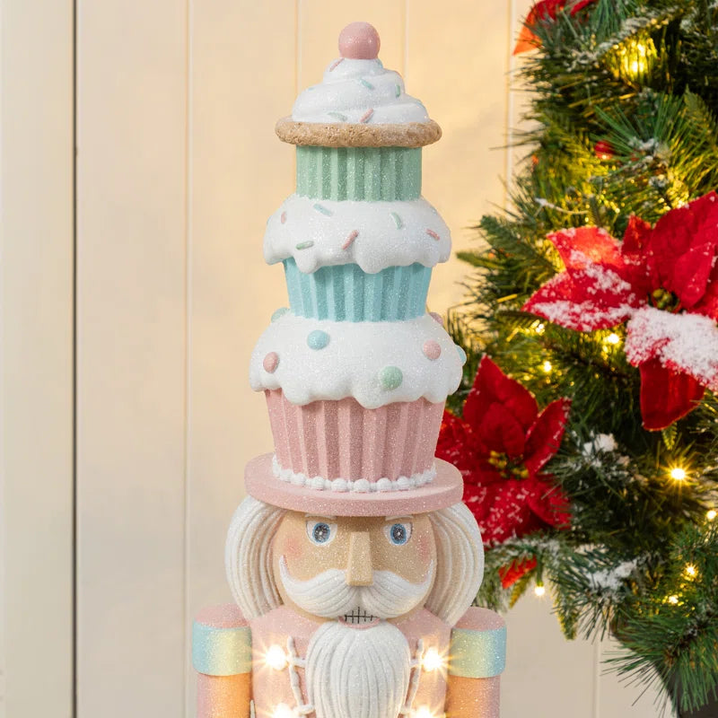 28"H Lighted Macaron Pink and Blue Resin Christmas Cupcake Nutcracker Porch Decor W/Timer
