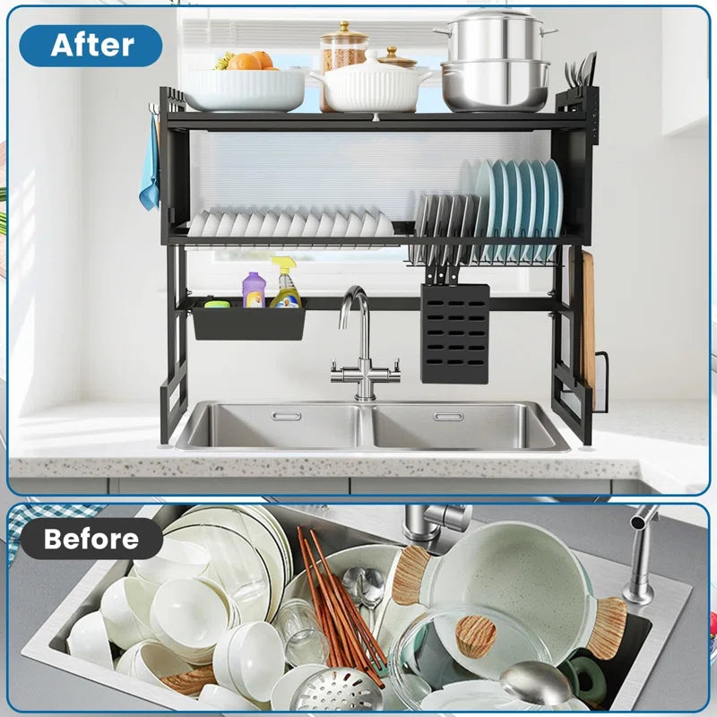 Over-The-Sink Dish Drying Rack with Cover – 2-Tier Space Saving Organizer for Dishes, Cutlery and Kitchen Utensils