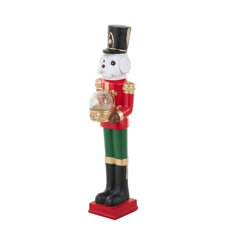 Cole and Grey Fiberglass Tall Soldier Nutcracker Dog Decorative Christmas Sculpture with LED Light Snow Globe and Green and Gold Accents