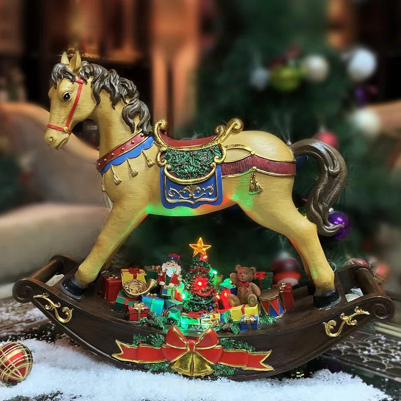 19.5"H Rocking Horse W/ Santa & Presents - LED Lights, 8 Carols Music, Adapter - Hand-Painted Resin