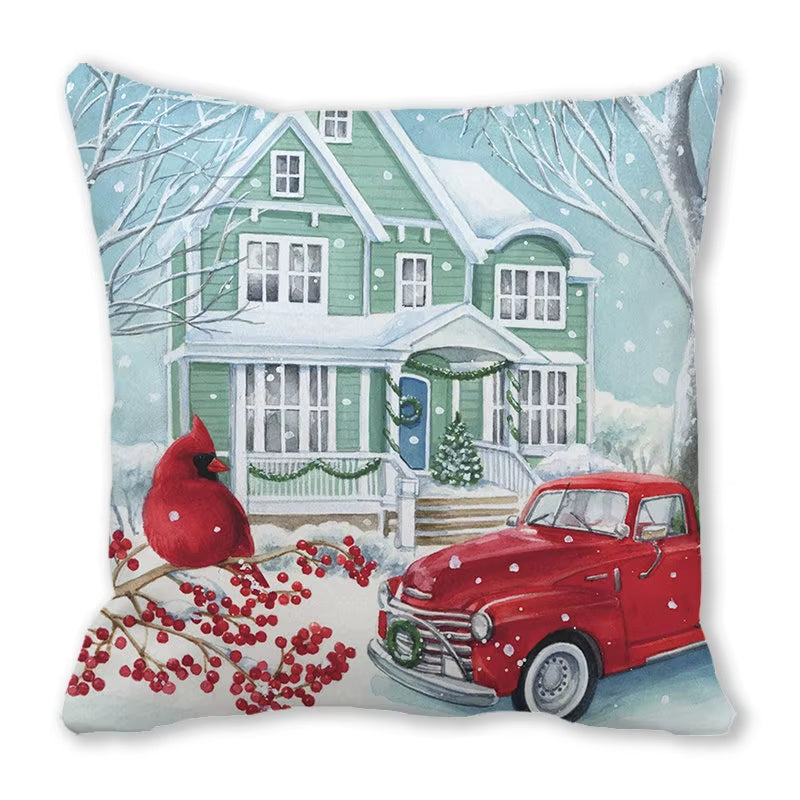 Red Christmas Car Delivering Gifts Digital Printing Short Plush Pillow Covers for Car Sofa Office Cushion Cover Home Goods