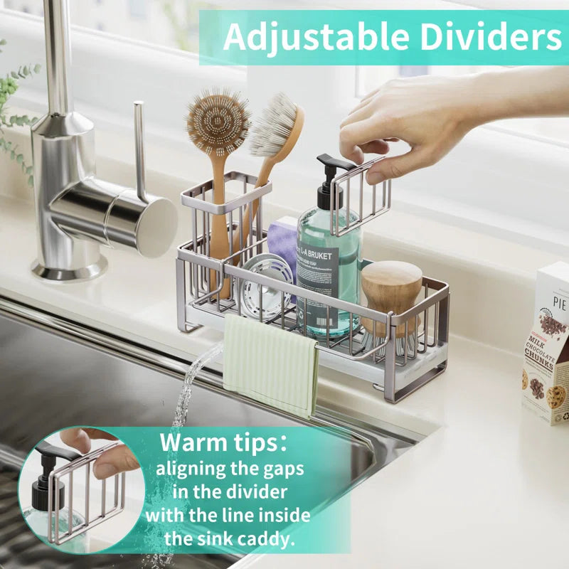 Stainless Steel Sink Caddy with 360° Rotating Drainage, Removable Brush & Dishcloth Holders, Rust-Resistant Kitchen Organizer for Sponges and Brushes