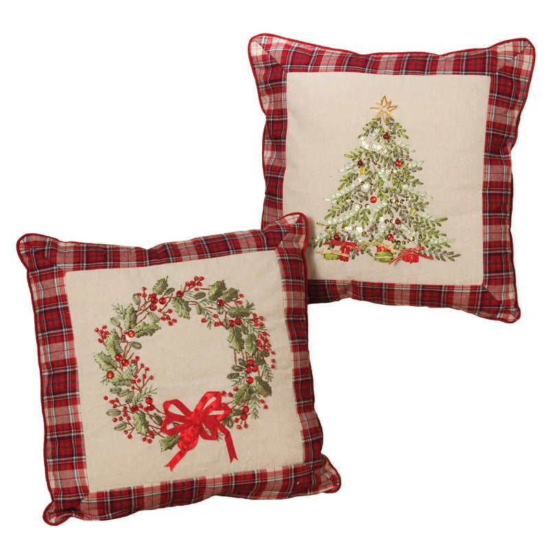 Set of 2 Holiday Wreath and Christmas Tree Throw Pillows