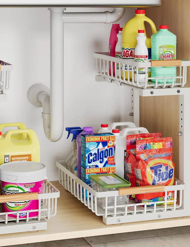 Under Sink Organizer, 2 Tier under Sink Organizers and Storage Sliding 2 Tier Rack Metal Organization under Counter Kitchen Bathroom
