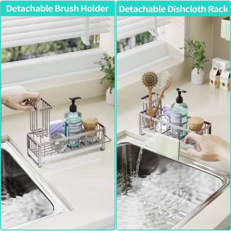 Stainless Steel Sink Caddy with 360° Rotating Drainage, Removable Brush & Dishcloth Holders, Rust-Resistant Kitchen Organizer for Sponges and Brushes