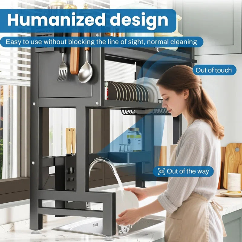 Over-The-Sink Dish Drying Rack with Cover – 2-Tier Space Saving Organizer for Dishes, Cutlery and Kitchen Utensils