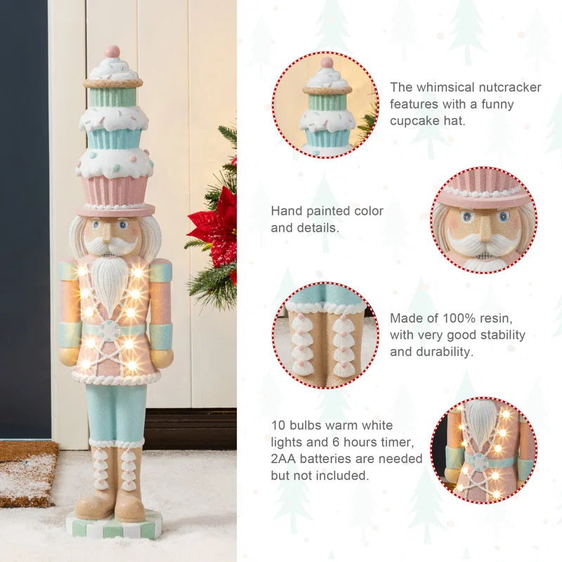 28"H Lighted Macaron Pink and Blue Resin Christmas Cupcake Nutcracker Porch Decor W/Timer