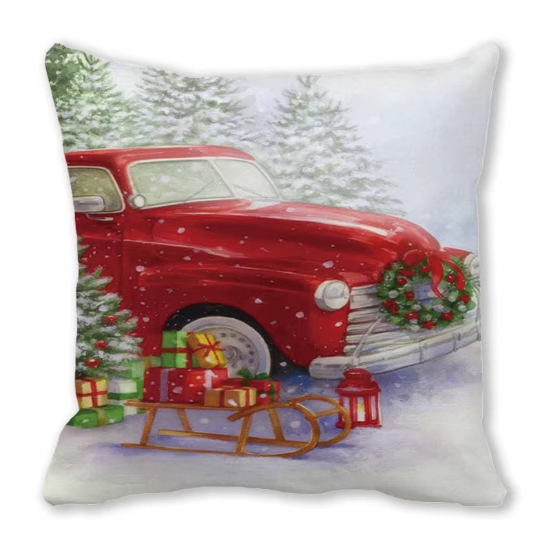 Red Christmas Car Delivering Gifts Digital Printing Short Plush Pillow Covers for Car Sofa Office Cushion Cover Home Goods
