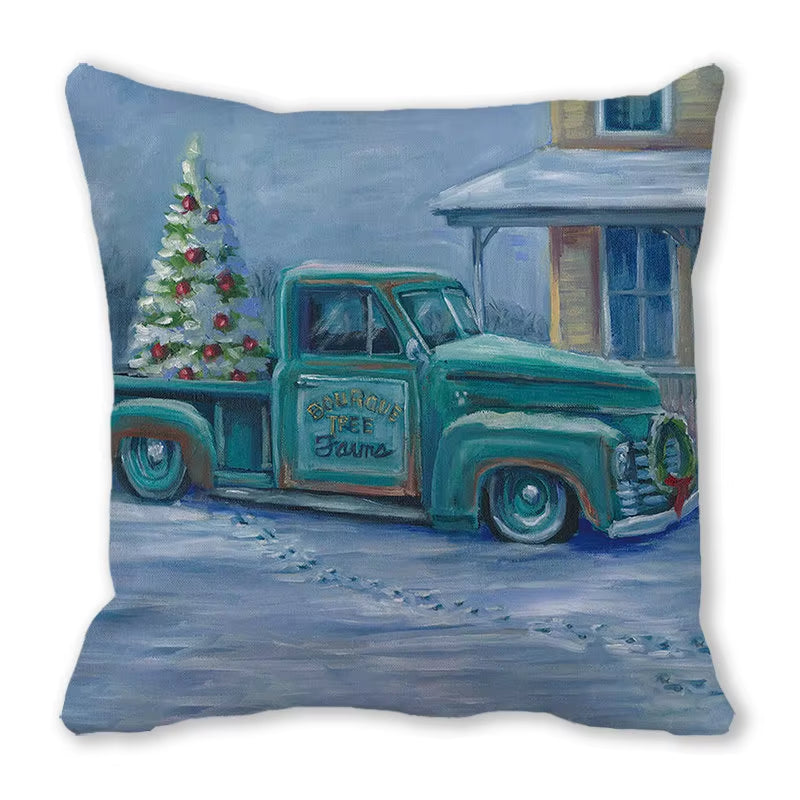 Red Christmas Car Delivering Gifts Digital Printing Short Plush Pillow Covers for Car Sofa Office Cushion Cover Home Goods