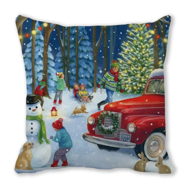 Red Christmas Car Delivering Gifts Digital Printing Short Plush Pillow Covers for Car Sofa Office Cushion Cover Home Goods
