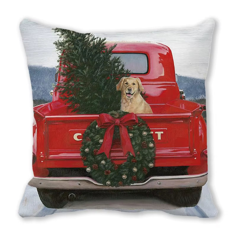 Red Christmas Car Delivering Gifts Digital Printing Short Plush Pillow Covers for Car Sofa Office Cushion Cover Home Goods