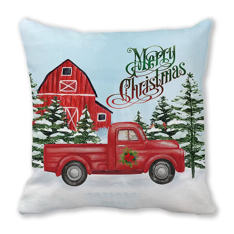 Red Christmas Car Delivering Gifts Digital Printing Short Plush Pillow Covers for Car Sofa Office Cushion Cover Home Goods