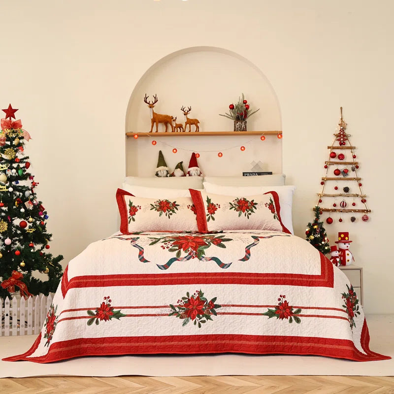 Janaid Beige/Red Microfiber Reversible Quilt Set Christmas Decoration Bedding Set