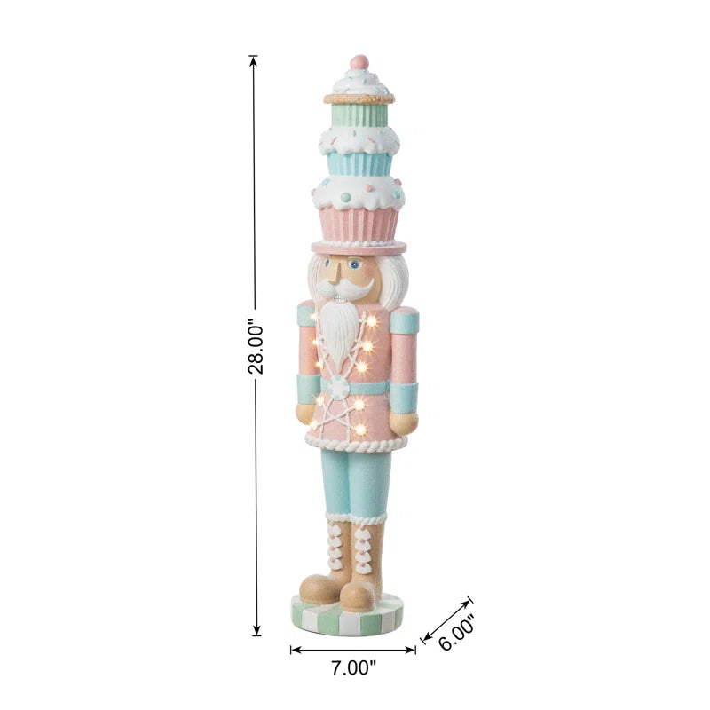 28"H Lighted Macaron Pink and Blue Resin Christmas Cupcake Nutcracker Porch Decor W/Timer