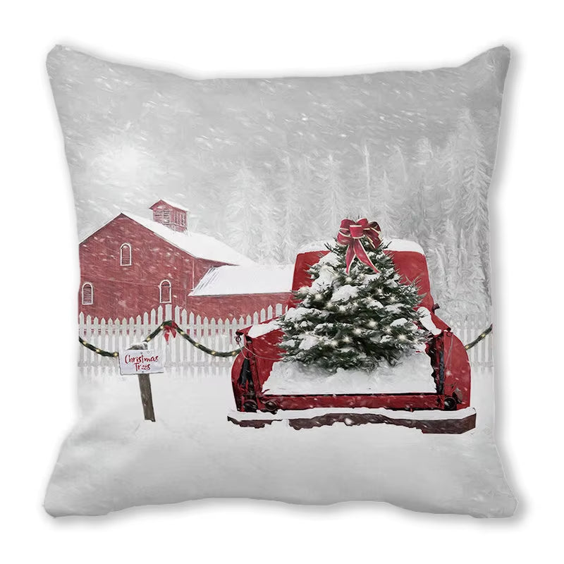 Red Christmas Car Delivering Gifts Digital Printing Short Plush Pillow Covers for Car Sofa Office Cushion Cover Home Goods