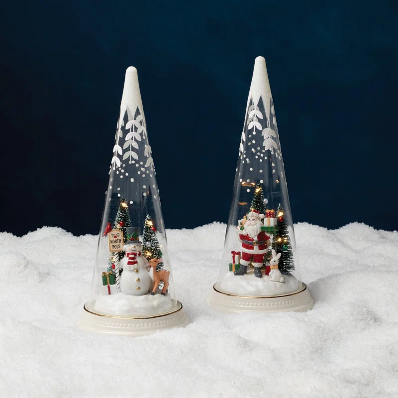 MERRY and MAGICAL Lit Christmas Cone with North Pole Snowman Scene