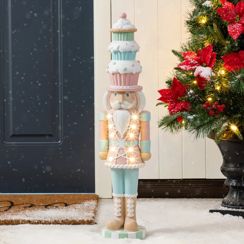 28"H Lighted Macaron Pink and Blue Resin Christmas Cupcake Nutcracker Porch Decor W/Timer