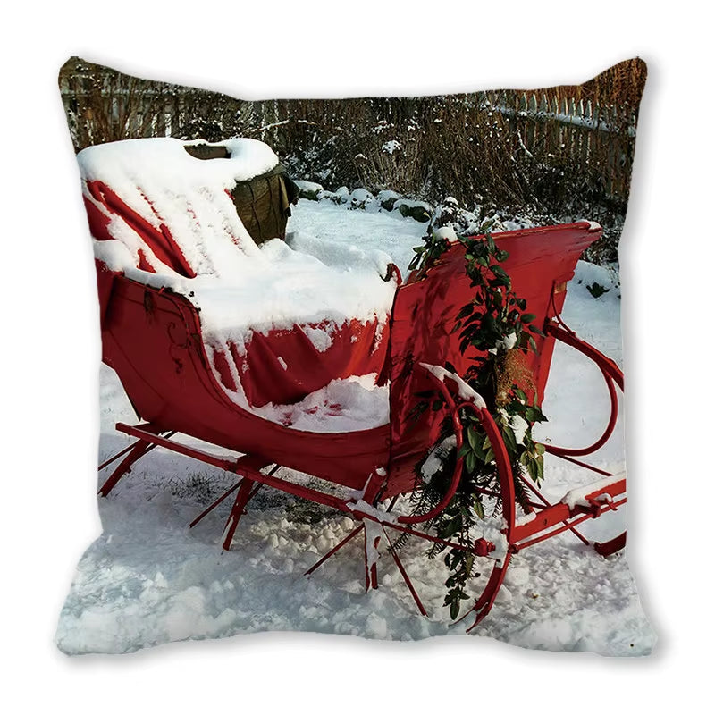 Red Christmas Car Delivering Gifts Digital Printing Short Plush Pillow Covers for Car Sofa Office Cushion Cover Home Goods