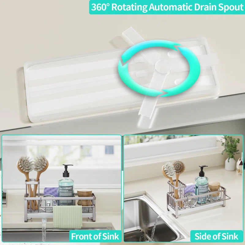 Stainless Steel Sink Caddy with 360° Rotating Drainage, Removable Brush & Dishcloth Holders, Rust-Resistant Kitchen Organizer for Sponges and Brushes