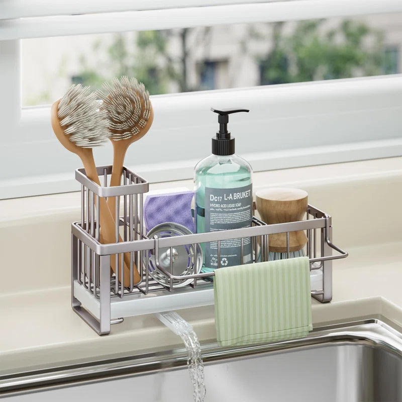 Stainless Steel Sink Caddy with 360° Rotating Drainage, Removable Brush & Dishcloth Holders, Rust-Resistant Kitchen Organizer for Sponges and Brushes