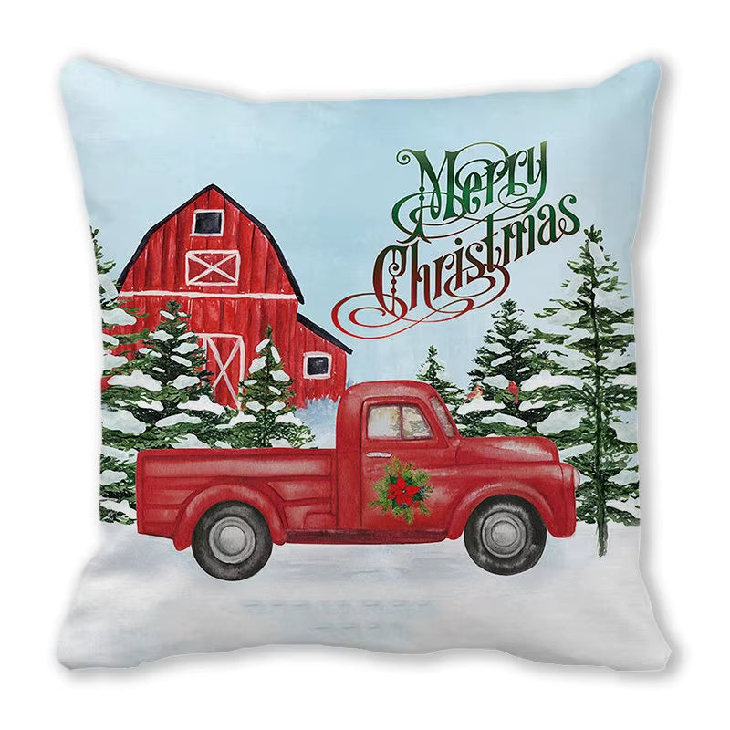 Red Christmas Car Delivering Gifts Digital Printing Short Plush Pillow Covers for Car Sofa Office Cushion Cover Home Goods