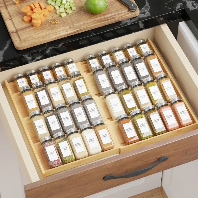 Bamboo Spice Drawer Organizer, Expandable 4-Tier Rack for Cabinet or Kitchen Seasoning Storage (Fits 3" Deep Drawers, 12"–23" Wide, Jars Not Included)